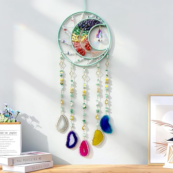 Large Dream Catchers, Chakra Tree of Life Dreamcatcher with Rainbow Healing Crystal Agate Suncatcher for Windows Hangings Prism Decoration Gifts for Adult Boys Bedroom Garden Room Decor