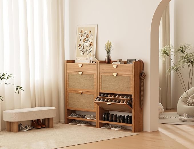 Rattan Shoe Storage Cabinet, Shoe Organizer with 2 Flip Drawers, Narrow Shoe Cabinet, Free Standing Hidden Shoe Storage, Shoe Rack for Entryway/Hallway/Closet, Natural Oak