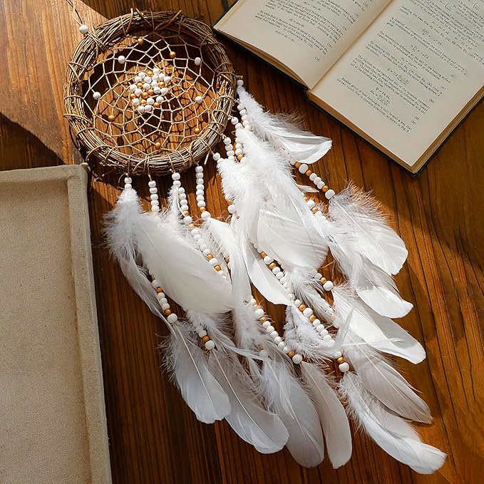 Dream Catcher Native American Boho Dreamcatcher White Wall Decor, Handmade Rattan Natural Goose Feathers Wall Hanging Art Piece Indian Room Decor for Bedroom Living Room Wedding
