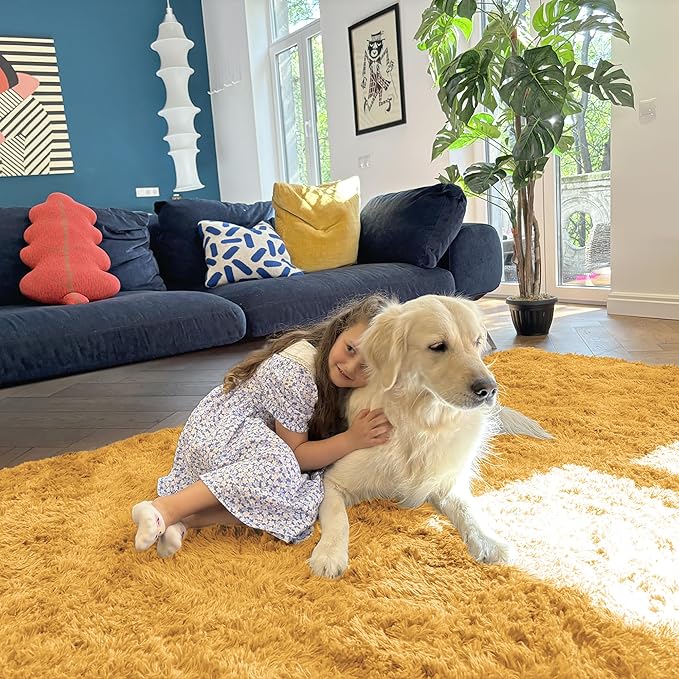 OLANLY 8x10 Machine Washable Large Area Rugs for Living Room, Bedroom, Soft Fluffy Shaggy Bedside Rug, Indoor Floor Carpet for Kids Girls and Boys, Dorms, Nursery, Home Decor Aesthetic, Mustard Yellow