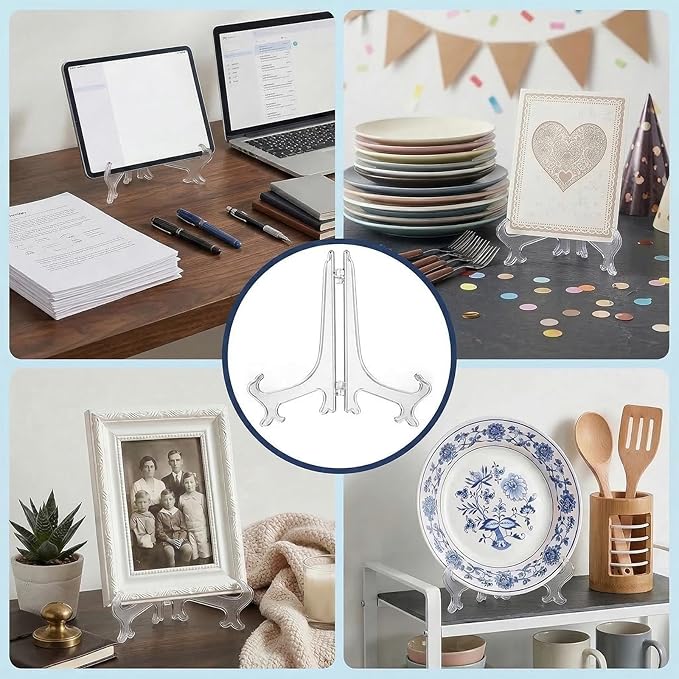 Nogeqi 2 Pieces Clear Acrylic Plate Stands for Display, 10 Inch, Folding Plate Holder, Clear Acrylic Easel Display Stands for Pictures or Other Items for Weddings, Birthdays, Home Decoration, Tables