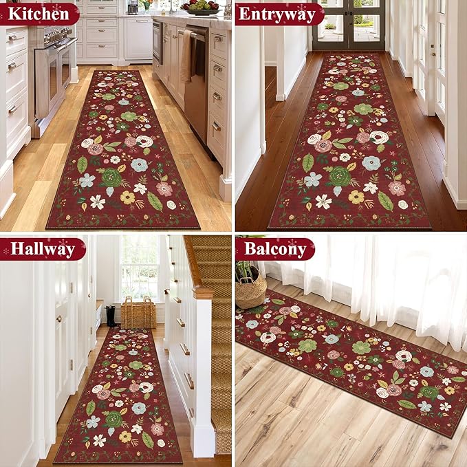 U'Artlines Red Christmas Runner Rug for Hallways,2'6" x 8'Colorful Floral Carpet Soft Non Slip Washable Floor Carpet Runners for Entryway Laundry Room Bathroom (Red)