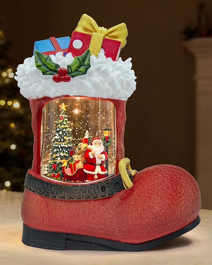 Large Christmas Snow Globes Light up Snowglobes Christmas Lantern with 8 Songs, 9.65" Red Boot Christmas Snow Globe for Kids Adults, 6H Timer & Dual Power, Lighted Christmas Decorations Indoor Gifts