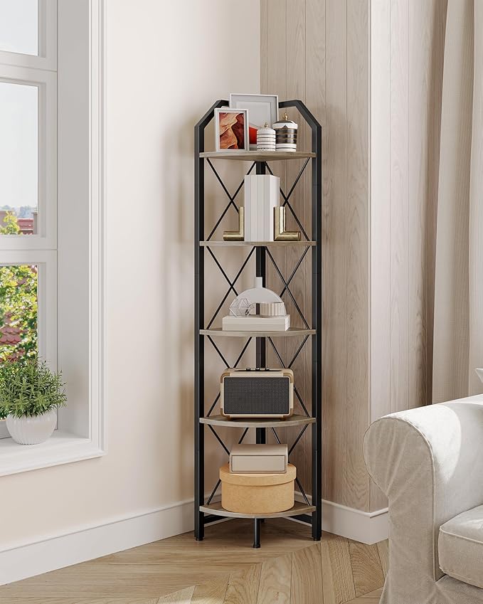 CHOEZON 5-Tier Corner Shelf, Industrial Corner Bookshelf, 59.4" Corner Storage Stand, Plant Stand Display Shelf, Corner Bookcase for Bedroom, Living Room, Home Office, Greige and Black TCJ10BG