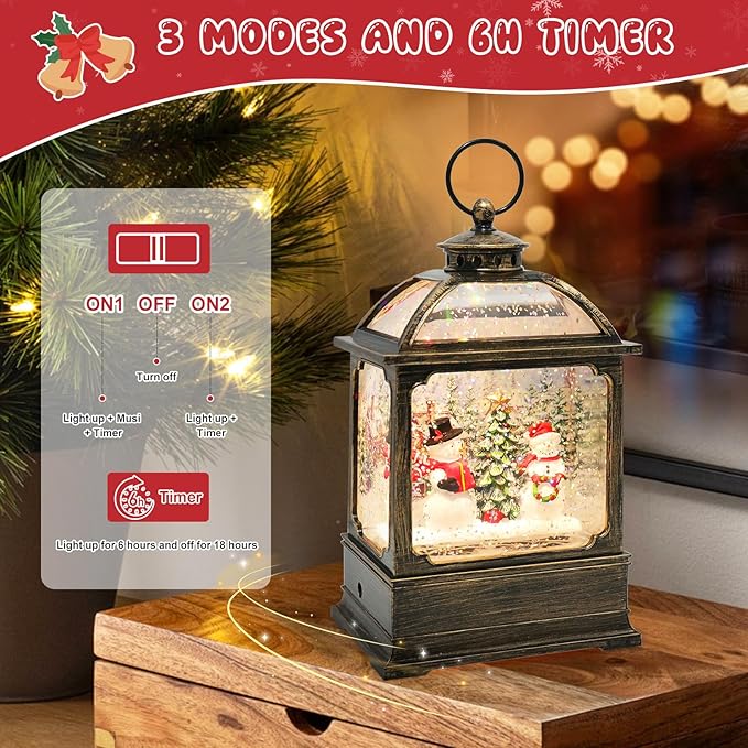 Christmas Snow Globe Lantern with Snowmen 8 Music Songs & 6H Timer Water Snow Globe Lantern USB & Battery Operated for Christmas Festival Decorations Gifts (Two Snowmen)