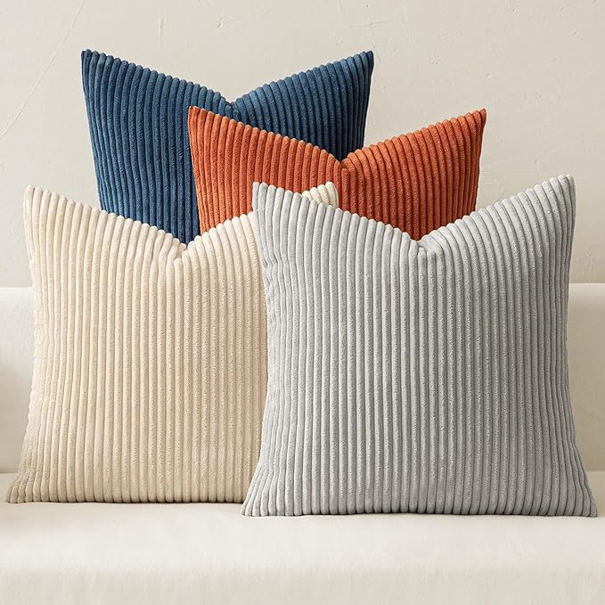 MIULEE Boho Farmhouse Throw Pillow Covers 20x20 Inch Set of 4 Summer Mordern Neutral Cushion Covers Soft Corduroy Nordic Home Decor for Couch Bed Sofa Living Room Blue-Yellow
