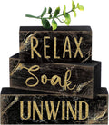 Moucuny 4 Pcs Black and Gold Bathroom Shelf Decor Sign Farmhouse Bathroom Decor and Accessories Rustic Eucalyptus Leaves Block Sign Gift Relax Soak Unwind Farmhouse Table Centerpiece for Home Toilet