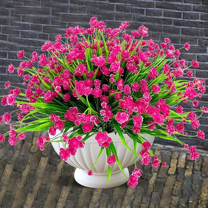 TURNMEON 20 Bundles Artificial Flowers for Outdoors Fake Plants Spring Decor, UV Resistant Artificial Plants Cemetery Flowers Faux Plastic Greenery Shrub for Home Porch Summer Decor 580 Heads(Magenta)