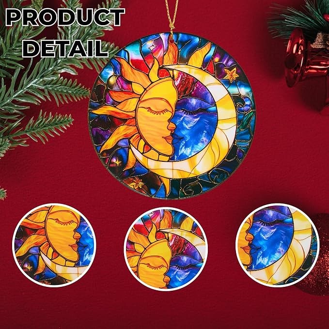 Sun and Moon Christmas Ornaments Decorative Ornament Round Acrylic Stained Glass Effect Window Hanging for Celestial Decor Moon Decor Sun Decor Sun, Hanging Tree Thanksgiving Gifts