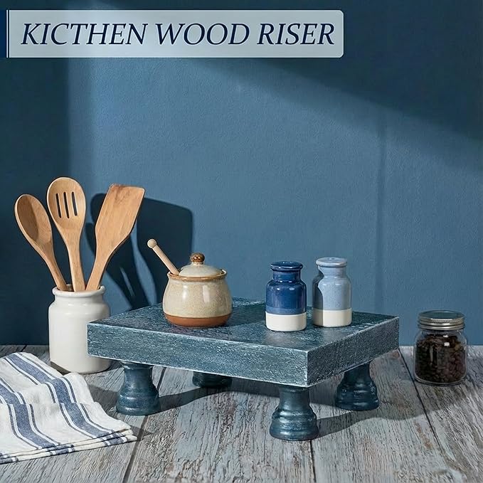 EOSAHR Decorative Display Risers for Home Decor - Wood Pedestal Stand for Kitchen Decor and Countertop Organizer - Ideal for Apartment Essentials (Blue)