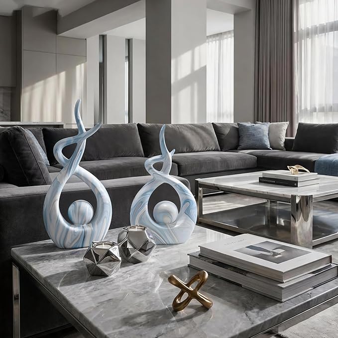 Blue Home Decor Sculptures, Dining Room Table Centerpiece Shelf Decor, Ceramic Statues Coffee Table Decor, Modern Abstract Art Desktop Entrance Decorations (2pcs)