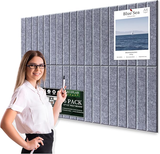Large Cork Bulletin Board for Wall 36"x24", 6 Pack Felt Slat Wall Panel Tiles with 30 Pushpins, 25 Safe Removable Adhesive Tabs, Decorative Pin Board Tack Board for Office Home School