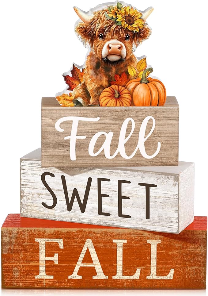Moucuny 4 Pcs Fall Decoration for Highland Cow Home Fall Table Decor Wooden Stacked Block Decor with Sunflower Cow & Pumpkin Topper Rustic Thanksgiving Tiered Tray Decoration for Harvest Home Kitchen