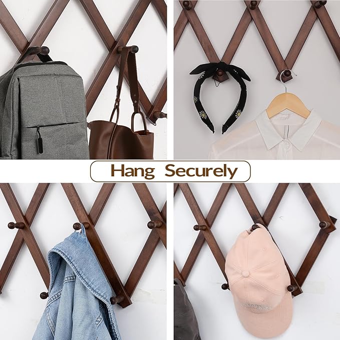 Wall Rack with 10 Hooks, Wooden Wall Expandable Coat Rack for Coat, Hats, Baseball Caps, Coffee Mug, Jewelry(Brown)