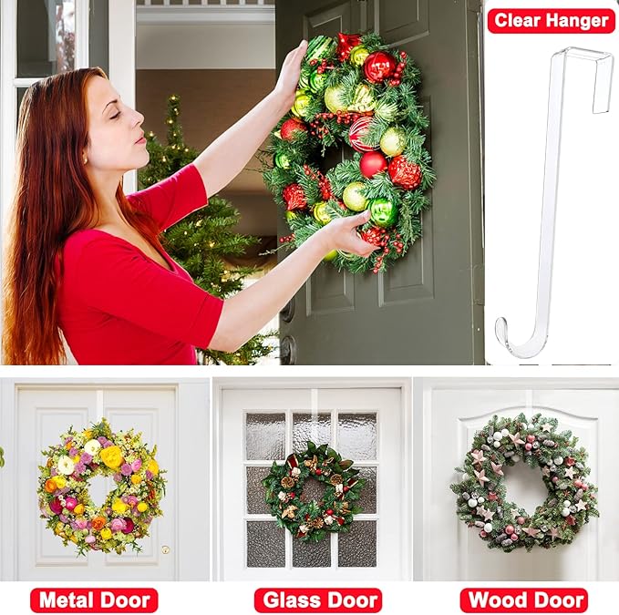 Clear Wreath Hanger Hooks, 15 in, 2 Pack Non Scratch Over The Door Hooks, Fall Halloween Christmas Decorations Indoor Outdoor, Welcome Sign for Front Door Decor