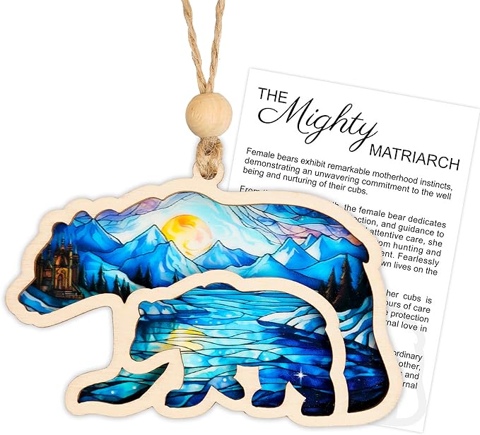 Mama Bear Suncatcher Effect Ornament with Story Card, Mama Bear Decorations, Mothers Day for Mom from Kids Son Daughter, The Mighty Matriarch Bear and Cub Ornaments, Motherhood Gift