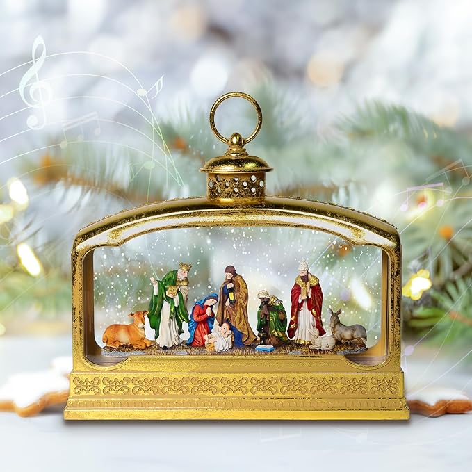 Christmas Snow Globes, 11.4" Nativity Glitter Water Lantern with Song, 6H Timer Battery & USB Powered Music Box for Christmas Decorations Indoor