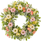 20 Inch Spring Wreaths for Front Door, Artificial Pink Gerbera Daisy & Yellow Rose Floral Wreath with Lamb's Ear Leaves & Greenery, Farmhouse Summer Wreath for Wall Window Porch Home Decor