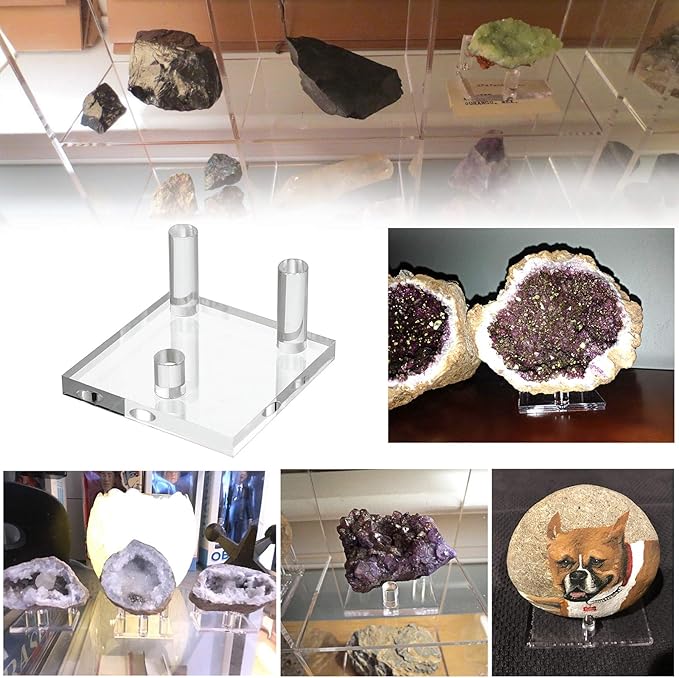 Hipiwe Clear Acrylic Display Stand - Three-Peg Display Easel Stands for Fossil Coral Geodes Rock Mineral Agate Small Collectibles, Set of 4
