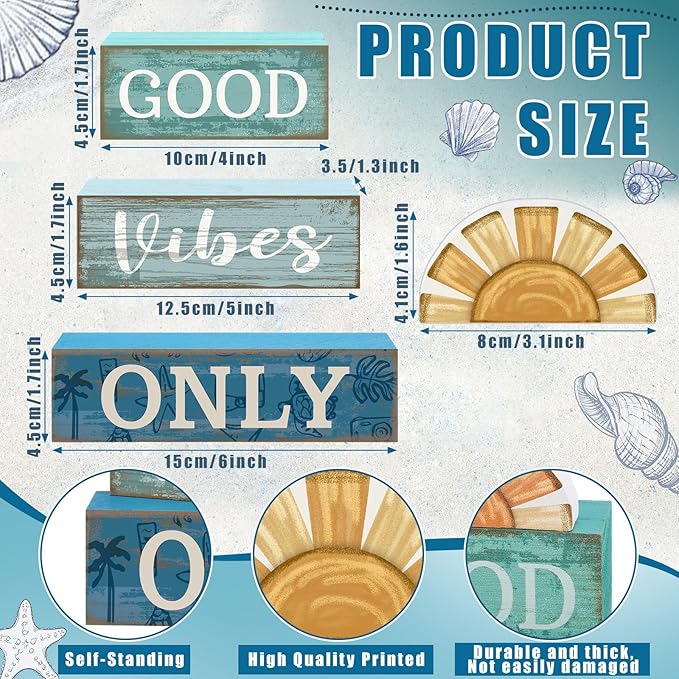 Lineshading 4 Pcs Beach Themed Table Decor Good Vibes Only Wood Block Sign Wooden Sunshine Beach Tiered Tray Decorations Summer Centerpiece Decor Funny Farmhouse Summer Decorations for Home Shelf
