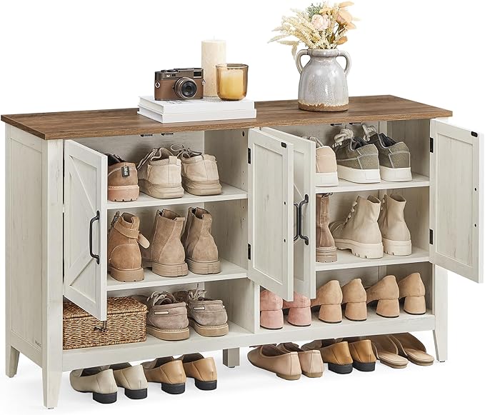 VASAGLE LIRY Collection - Shoe Cabinet, 3-Tier Storage Organizer, Shoe Shelf, Farmhouse Freestanding Cabinet, Height-Adjustable Shelf, 13.8 x 47.2 x 27.6 Inches, Rustic White ULBC039W01