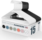 Neaties Plastic Hangers 15 Pack - Made in the USA - 6lb Capacity Standard Clothes Hangers with Strap Hooks for Dresses, Lingerie, Shirts, Pants, and Jackets - White & Black