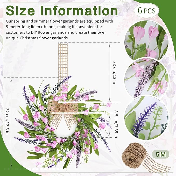 6 PCS 9'' Mini Pink Forsythia Lavender Wreath for Front Door Small Spring Kitchen Cabinet Wreaths with Burlap Ribbon Hanging Farmhouse Wreaths Artificial Greenery Wreath for Porch Wall Window Decor