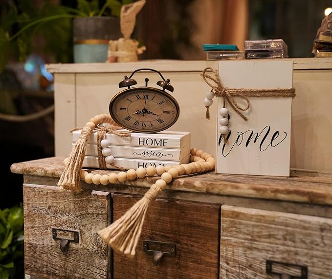 3 Pieces Wooden Decorative White Books, Rustic Farmhouse Faux Books for Coffee Table Shelves with Wood Bead Tassels and Leaves, 7'x 4.6'x 2.5' (Home, Sweet, Home)
