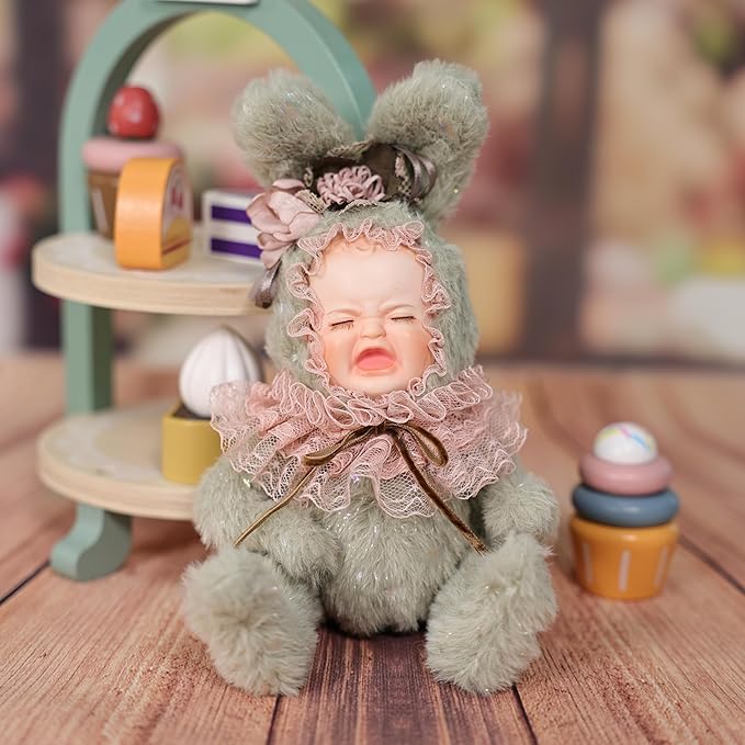 8 Inch Rabbit Hand-Painted Porcelain Face Doll with Plush ＆ Acrylic Cotton Body, Mini Kawaii High-Color Makeup Ceramic Doll for Room Decor, Birthday Gifts, Collectible，Name Jade