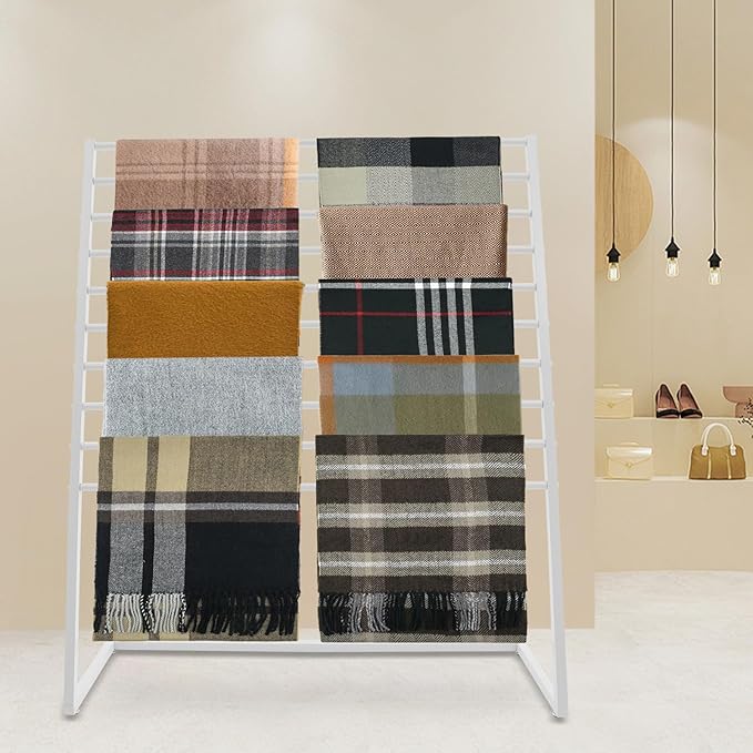 10 Tier Metal Scarf Organizer Holder, Freestanding Scarf Rack, Scarf Holder Organizer for Commercial Clothing Retail Store Towel Rack Ties Belt Pants Hanging (White, 47.24 * 15.75 * 57.09in)