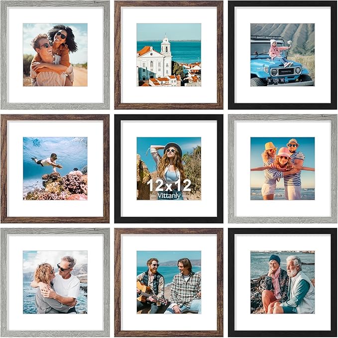 Vittanly 12x12 Picture Frames Set of 9, Display 8x8 Pictures with Mat or 12x12 without Mat, Photo Frames for Wall Mount, Engineered Wood, Black&Brown&Grey