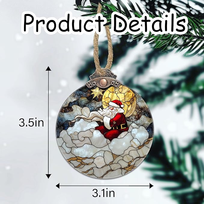 DASTOLL Stained Glass Christmas Decorations, Golden Moon Santa Claus Cloud Suncatcher for Window Christmas Tree Hanging Ornaments Sun Catcher Xmas Decor Gifts for Women Men Mom Nana Friend