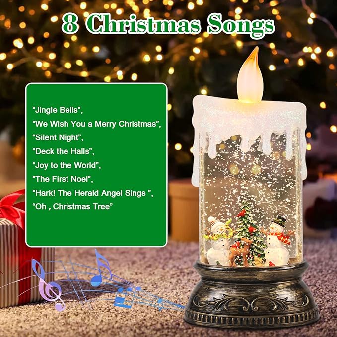 Eldnacele Christmas Music Snow Globe Lantern with Timer Battery Operated & USB Powered Lighted Snowman Deer Singing Snow Globe Candle Lamp Spinning Water Glitters Indoor Christmas Decorations