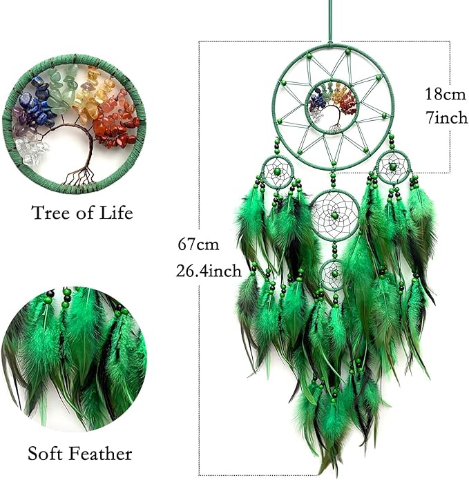 Green Large Dream Catcher Wall Decor Crystal Tree of Life Dream Catchers Handmade Feather Dreamcatcher Wall Hanging Ornament for Bedroom Living Room Home Decor