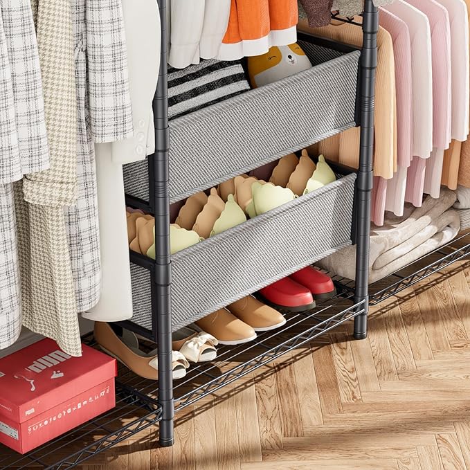 Coat Rack Clothes Wardrobe：Closet Organizer and Storage Clothing Garment Rack with Shelves Heavy Duty for Hanging Clothes Portable Adjustable Black 15.8" DX69 WX76.75 H