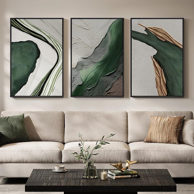 Large Framed Modern Abstract Wall Art for Living Room, 3 Piece Canvas Prints Paintings Artwork for Walls, Minimalist Green and White Pictures for Hallway Dining Bedroom Home Office Wall Decor 24x36 Inch
