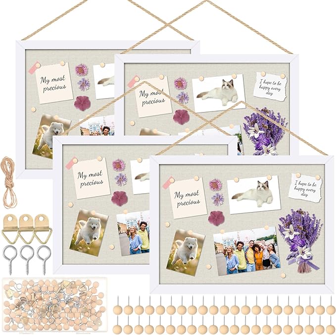 Teling 4 Pack Wood Bulletin Boards with Linen 12''x 16'' Cork Board for Walls with 90 Pushpin Decorative Wood Framed Display for School Office Home Decor (White)