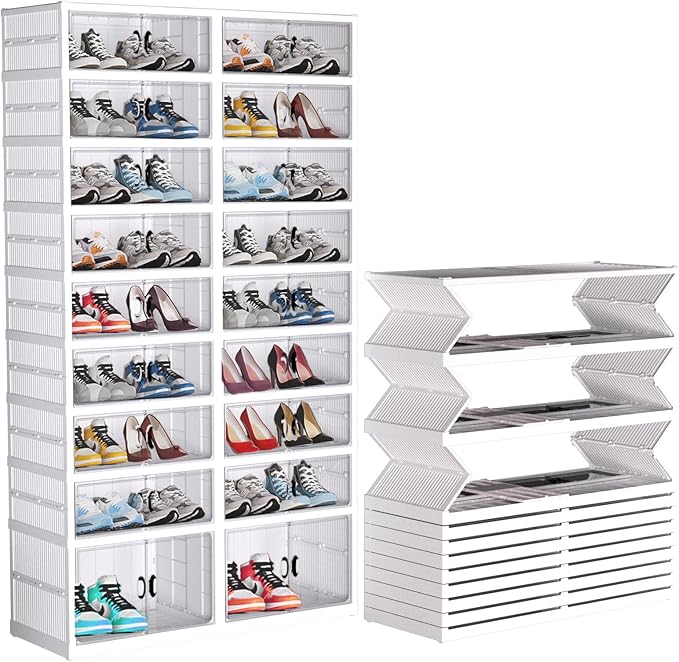 FAHKNS 9 Tier 36 Pair Folding Shoe Rack with Wheels and Magnetic Doors,Stackable Transparent Shoe Cabinet Shoe Organizer Storage for Closet Entryway Bedroom