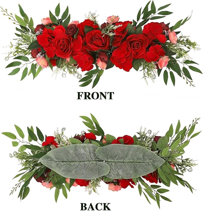 Artificial Peony Flower Swag, 29.6in Faux Eucalyptus Leaves Corner Rose Floral Swags, Artificial Mirror Flower Chair Back Flower Swags for Sheer Drapes, Wedding Chair, Arbor, Wedding(red)