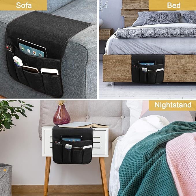 Sofa Armrest Organizer Non-Slip Remote Control Holders for Recliner Couch Chair Armchair Caddy with 5 Pockets for Table,Cell Phone,Ipad,Magazines,Books (Black, 13 x 35 Inch)