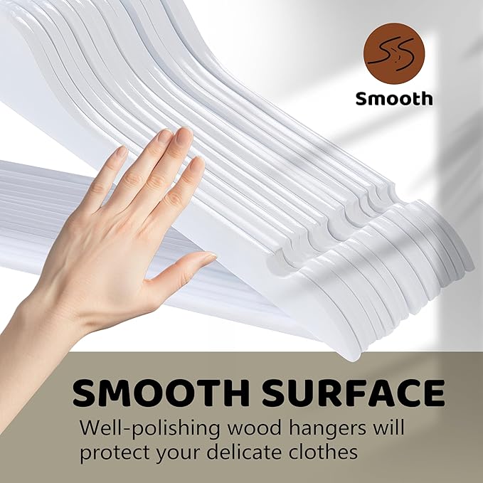 Wooden Hangers 20 Pack, Smooth Wood Hangers with 360° Swivel Hook & Notches, Slim Coat Hanger Wooden for Closet, White