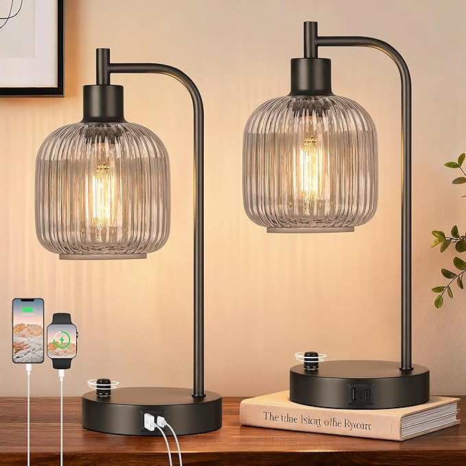 QiMH Industrial Table Lamp for Bedroom Set of 2, Grey Glass Beside Lamp with USB A&C Ports, Stepless Dimmable Black Lamps, Nightstand Lamps for Living Room, Office, Home Decor(Bulb Included)