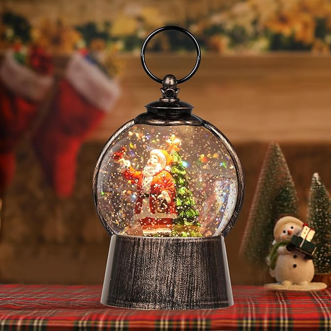 Santa Snow Globe Christmas Snow Globe Lantern with 6-Hour Timer, Light up Christmas Decorations Indoor, Glitter Musical Snow Globe, USB/Battery Powered Santa Claus Cardinal Christmas Tree