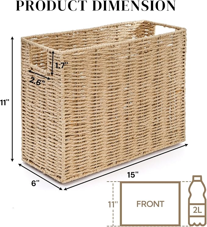 Woven Magazine Holder, 15'' x 6'' x 11'' Book Basket with Built-in Handles, Narrow File Storage Newspaper Organizer for Living Room, Bedroom, Office, Bathroom