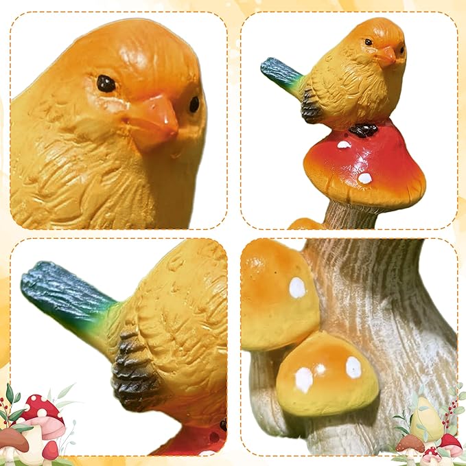 Birds Mushroom Resin Statue - Bird Stand on Mushroom Garden Decor Bright Yellow Small Bird Sculpture Figurine for Indoor Home Shelf Outdoor Backyard Yard Porch Patio Lawn Decorations