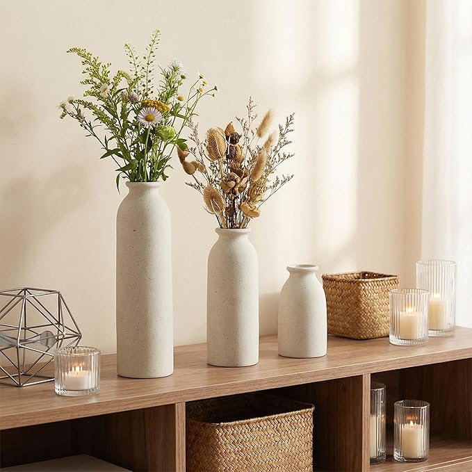 CEMABT Beige Ceramic vase Set-3 Flower vases for Decor,Modern Boho Farmhouse Home Decor,Decorative vase for Pampas Grass&Dried Flowers,idea Shelf,Table,Bookshelf