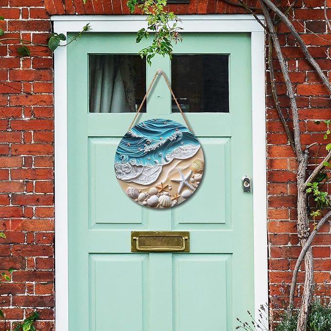Beach Signs Coastal Coral Wreath for Front Door Hello Summer Door Hanger Nautical Sea Welcome Sign Ocean Starfish Theme Decorations Wooden Plaque for Indoor Wall Hanging Outdoor Outside Porch 12"x12"