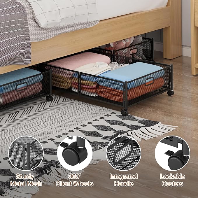 Under Bed Storage with Wheels, Foldable Metal Mesh Underbed Storage Container Bins, Tool-free Assembly Clothes Drawer Organizer, 2Pack