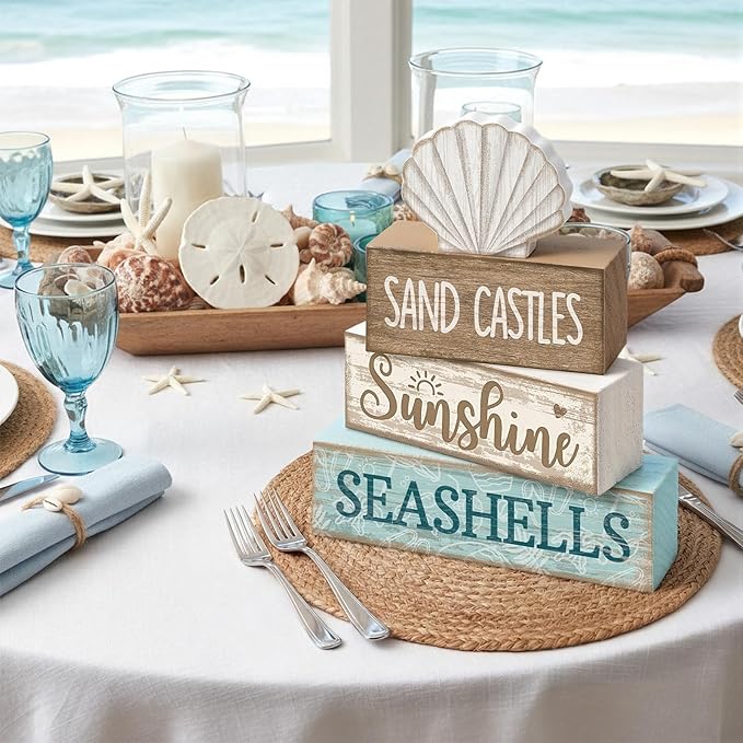 Yuntau 4 Pcs Summer Decorations for Home Beach Shells Wooden Tabletop Decor Summer Tiered Tray Decor Rustic Sand Castles Sunshine Seashells Block Sign Centerpiece Farmhouse Table for Shelf Office