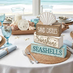 Yuntau 4 Pcs Summer Decorations for Home Beach Shells Wooden Tabletop Decor Summer Tiered Tray Decor Rustic Sand Castles Sunshine Seashells Block Sign Centerpiece Farmhouse Table for Shelf Office